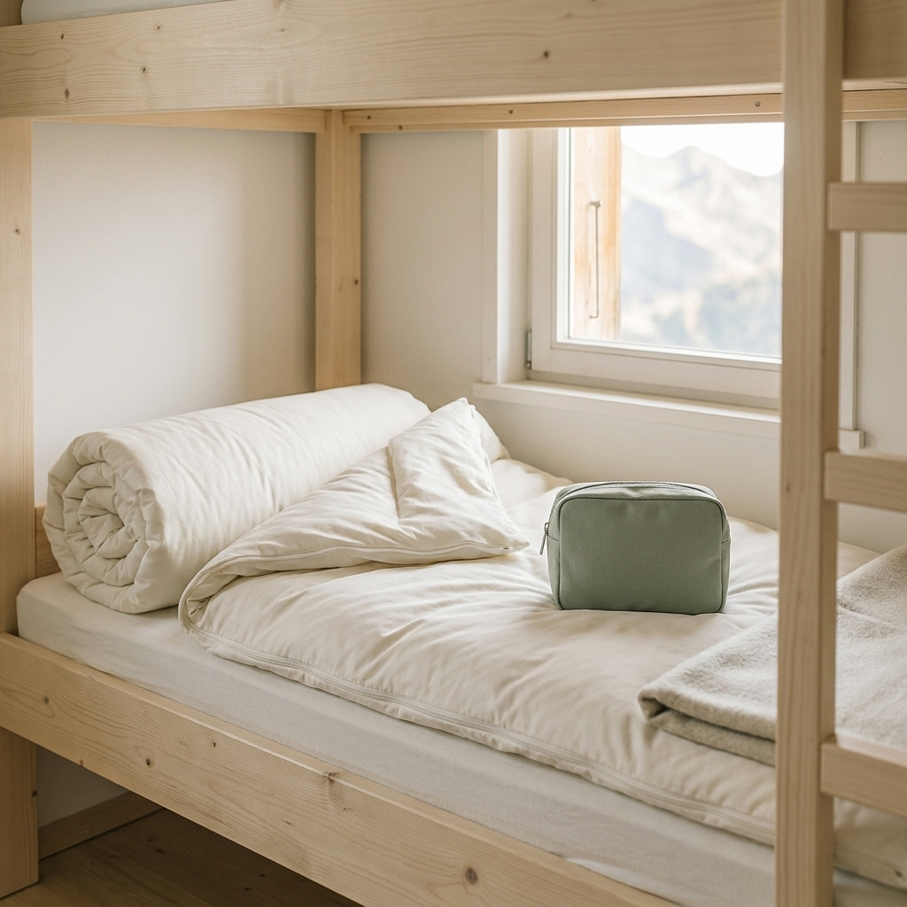 Schlafsack auf der Pritsche in der Hütte